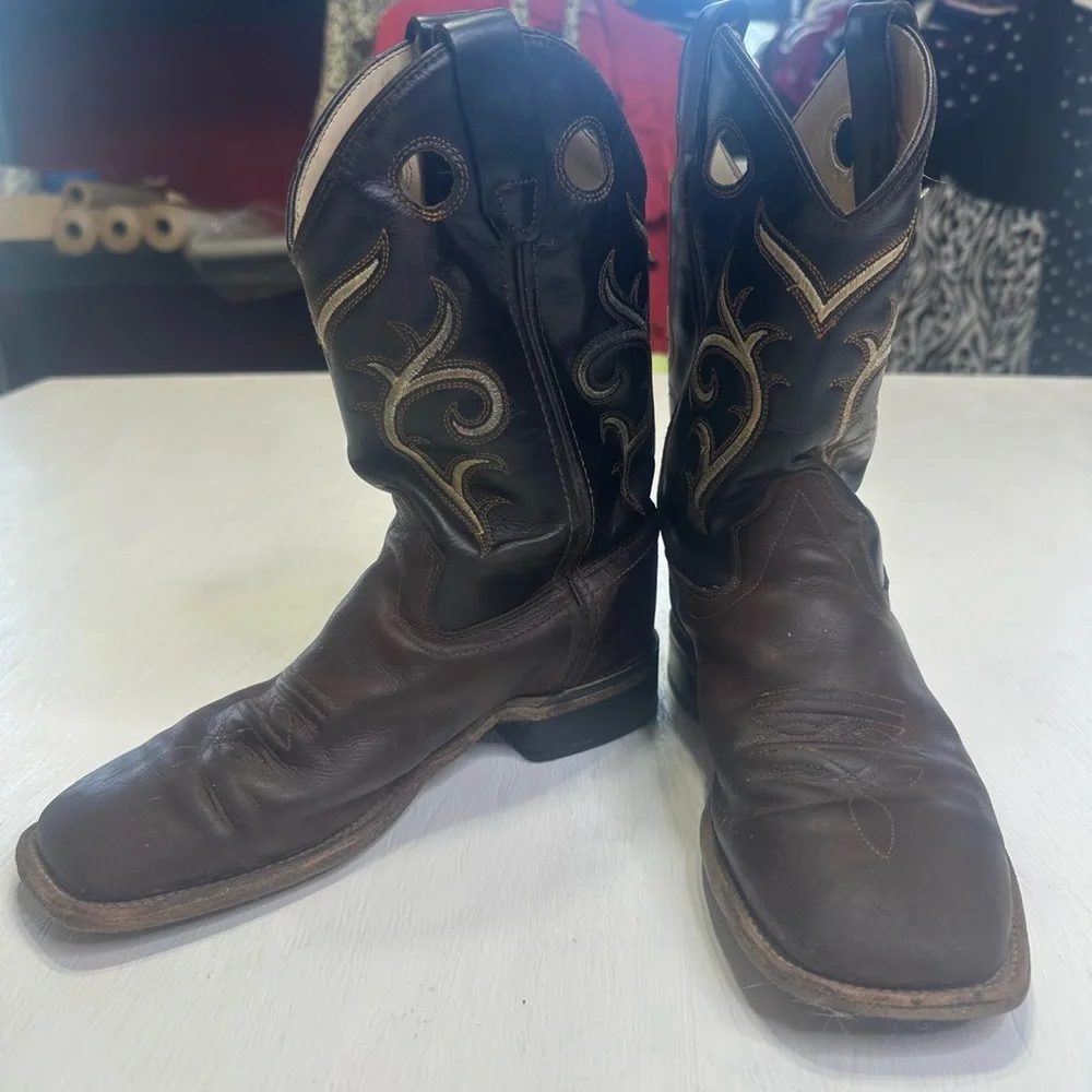 Old West Kids Cowboy Boots Brown Leather Square Toe Western Youth Size 3D